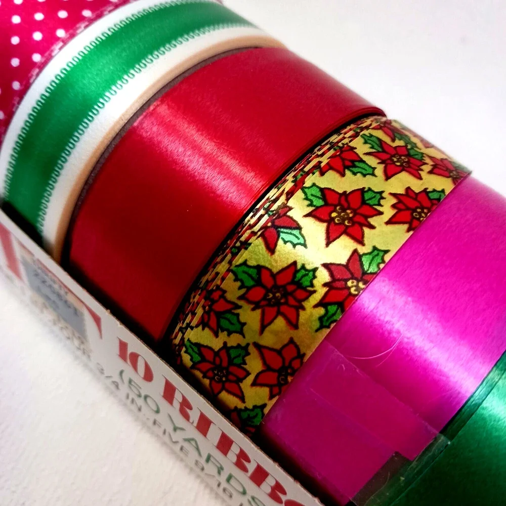 Vintage 1980s Christmas Ribbons 10 Rolls‎ 50 Yards Gift Wrap New in Box!!